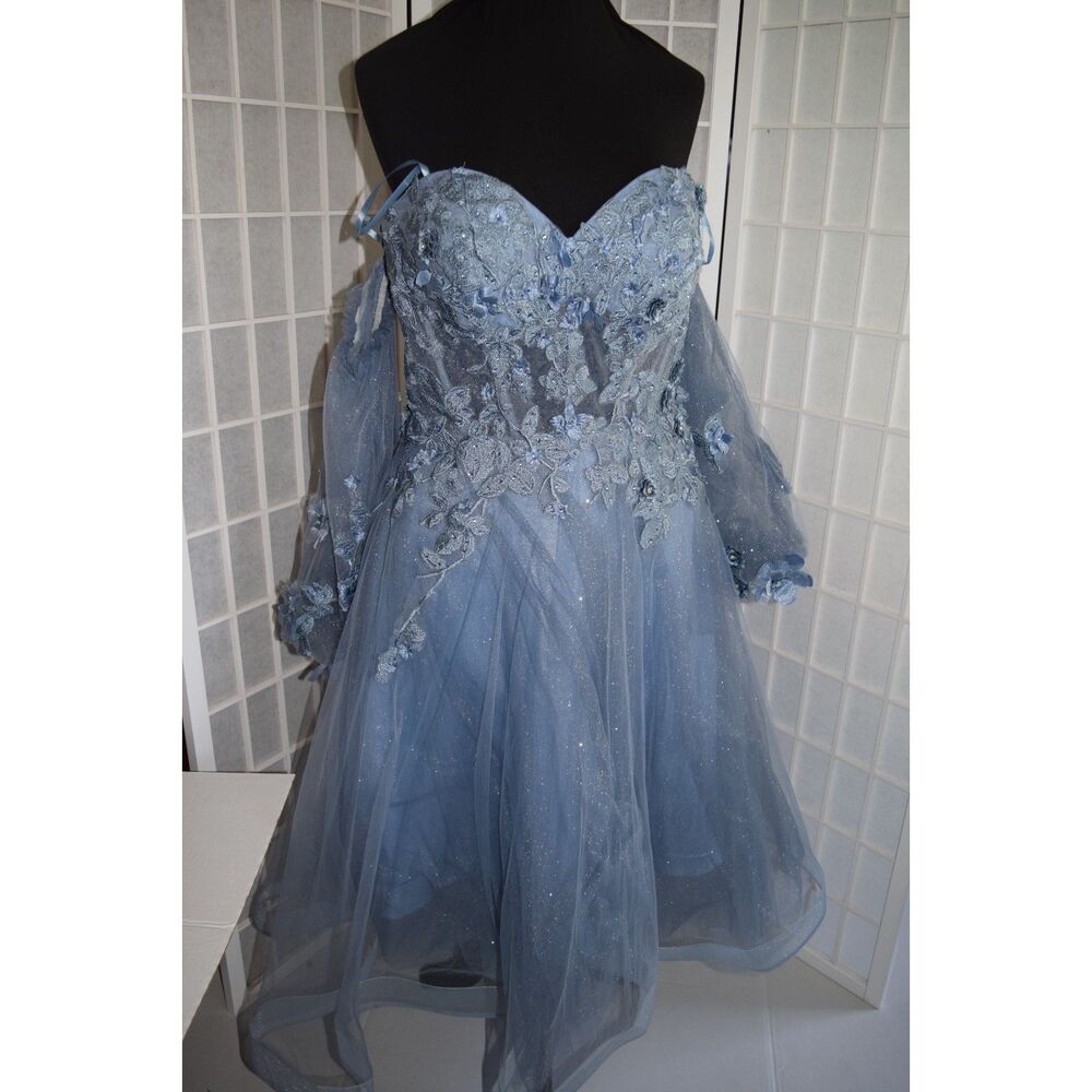 Jolie Couture Paris Dusty Blue Off-The-Shoulder Prom Gown Size 12